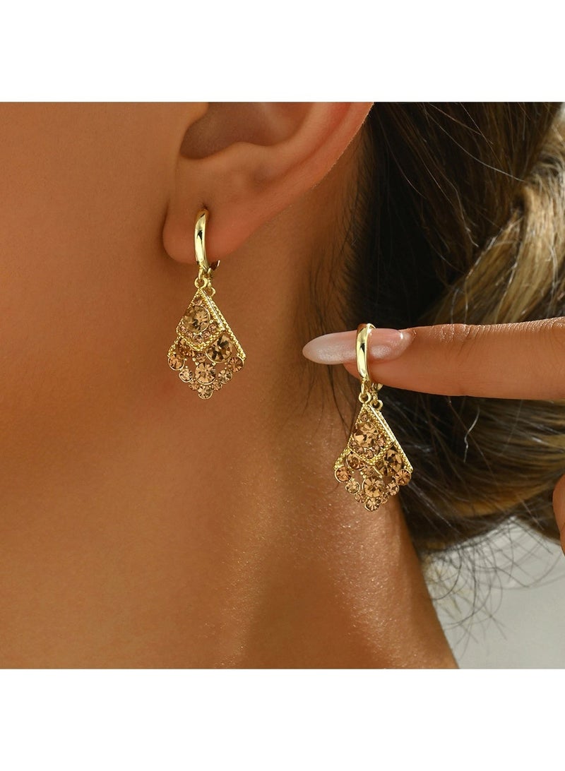 أقراط متدلية مرصعة بالماس والكريستال للنساء، تصميم خطافي متعدد الطبقات مطلي بالذهب، مجوهرات أنيقة قديمة الطراز مضادة للحساسية، هدية مثالية لها - Image 1